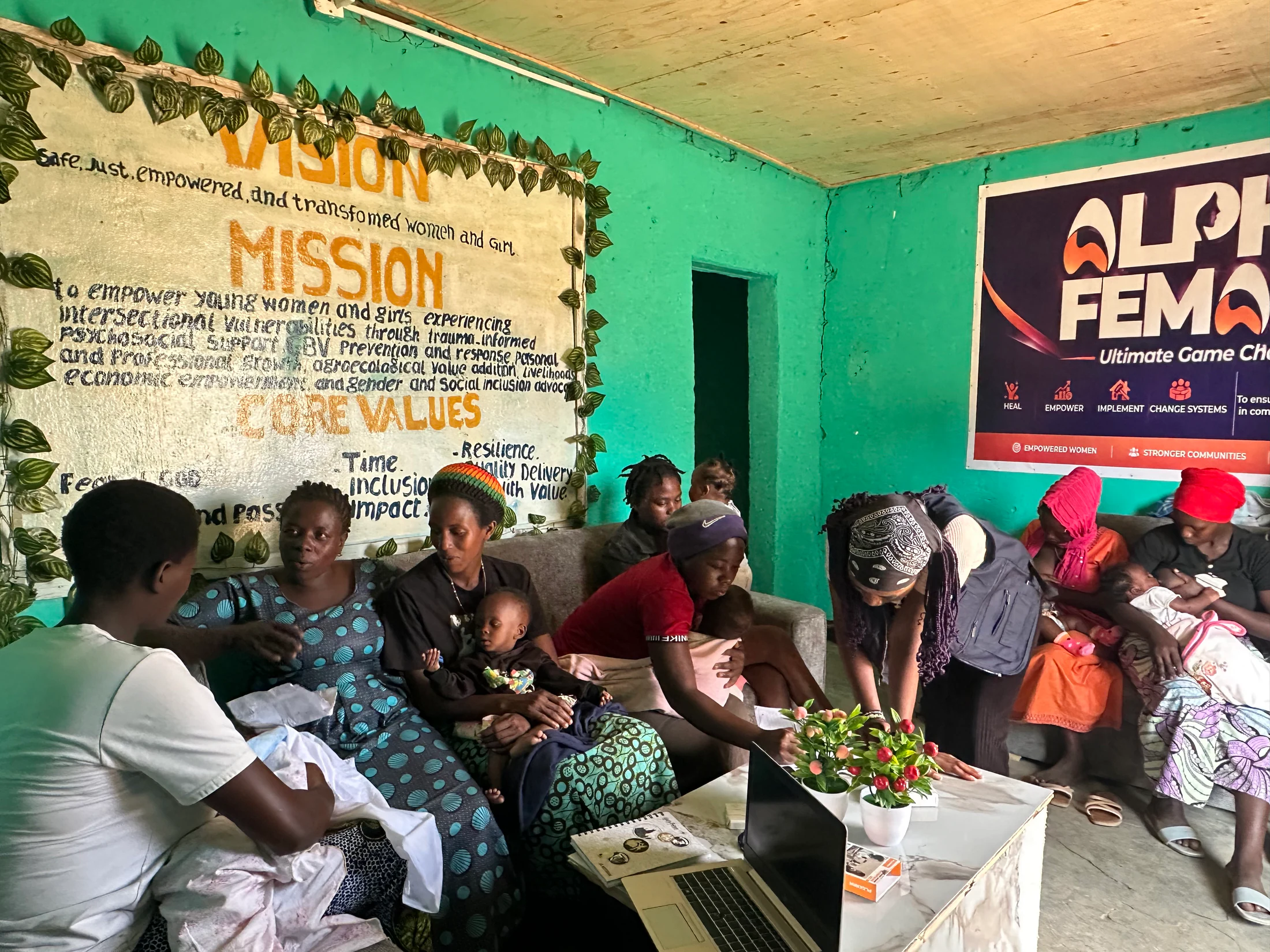 Women and children gathered in an Alpha Female safe space